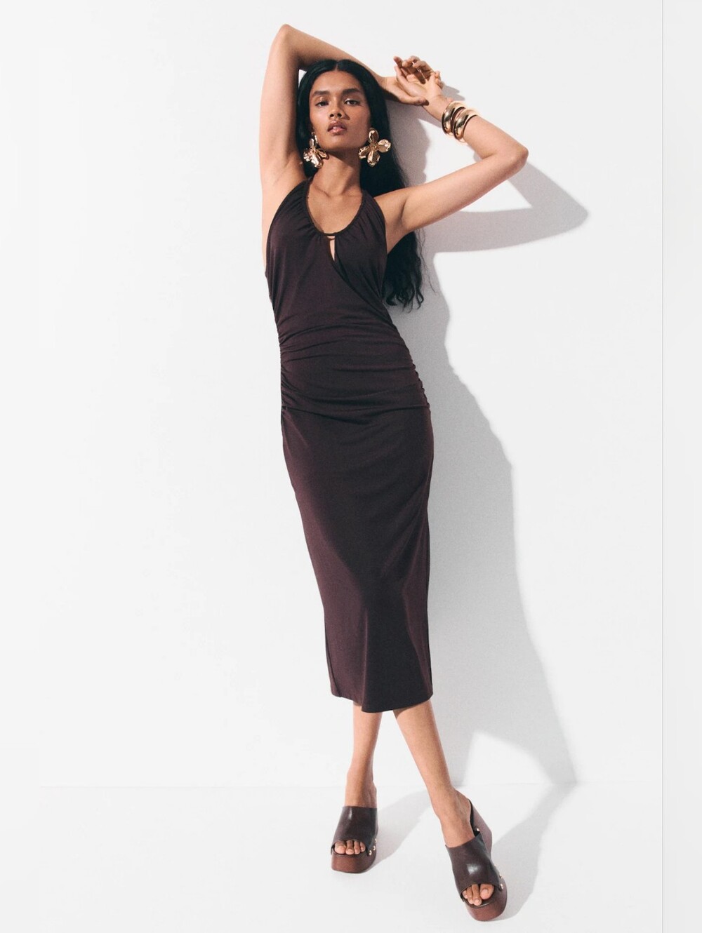 Drapped Halterneck Midi Dress in Deep Brown